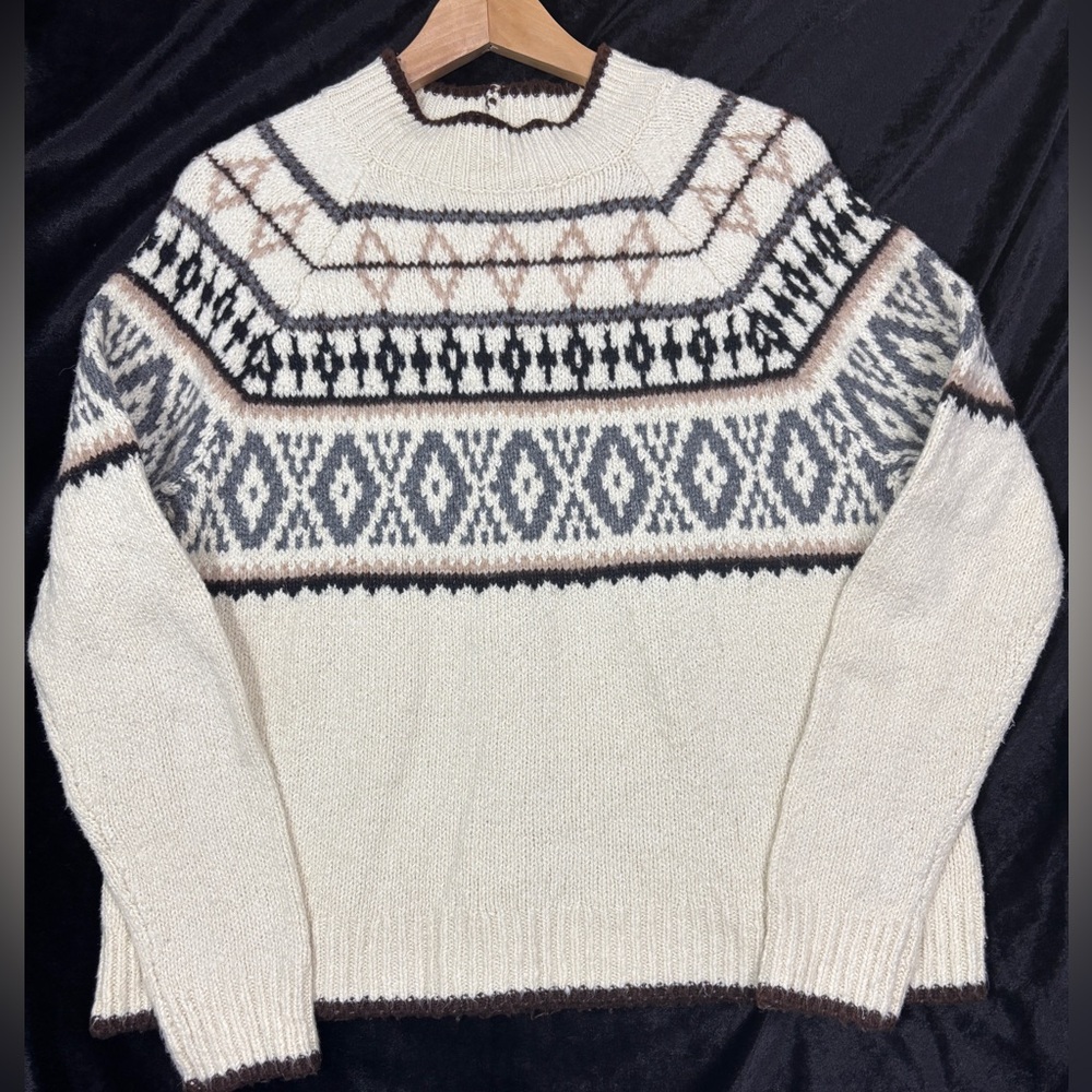 American Eagle Sweater Cream Wool Blend Fair Isle Scandi Nordic Cabincore Large
